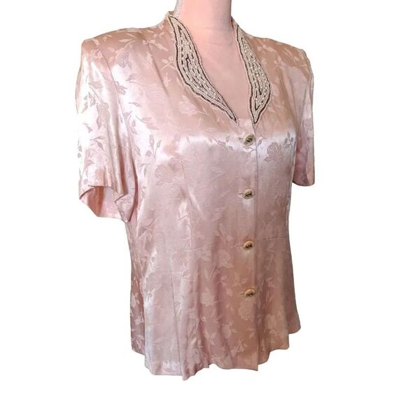 VTG 80s Pink Floral Satin Beaded Pearl Applique Button Up Cottagecore Blouse XL - Picture 9 of 17